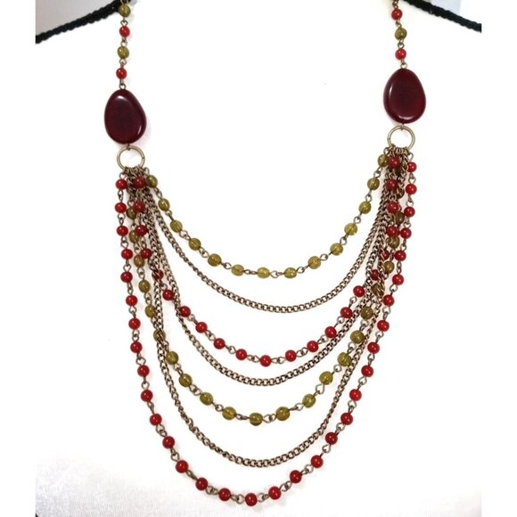 Multi Strand Red Green Glass Bead Necklace Avon SP Retro Colorful - Picture 1 of 9